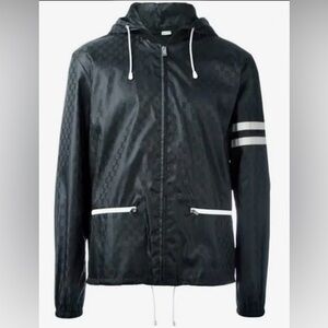 Gucci Black Monogram Windbreaker with White Stripes